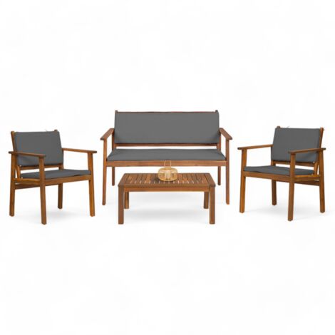 Niedrige Gartenmöbel JAKARTA 4-Sitzer aus Akazienholz mit Sofa, Sessel, Tisch und Kissen grau