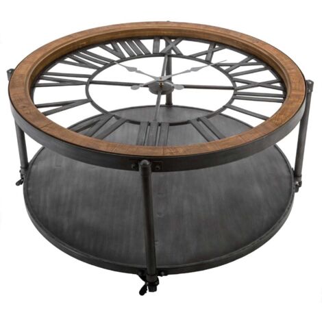 WELLHOME Niedriger Beistelltisch mit Uhr, Retro-Stil, aus Holz und Metall, Schwarz