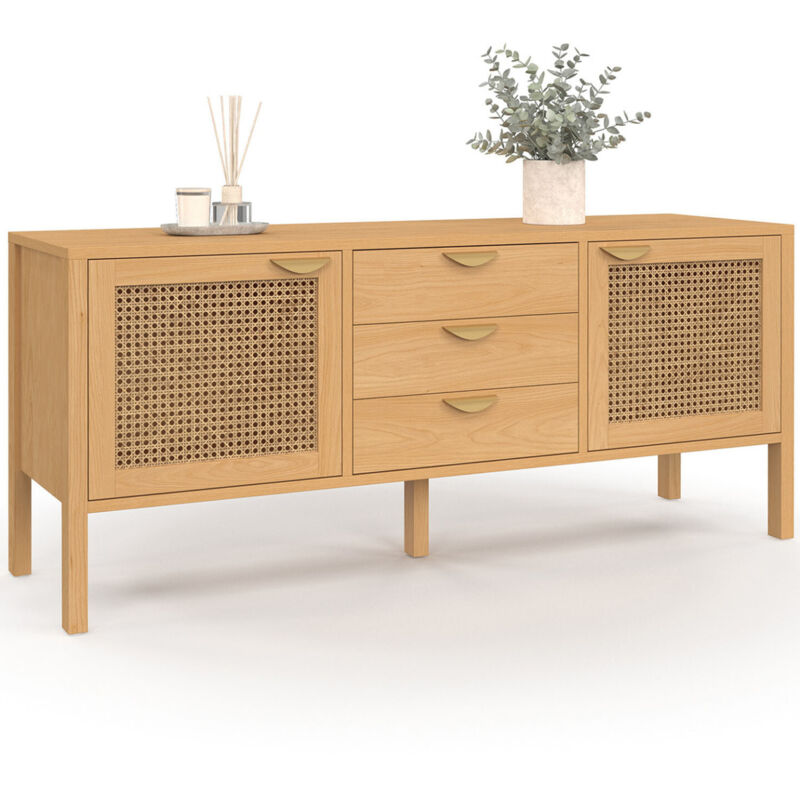 Idmarket Braun Niedriges Sideboard 140 Cm Edhen 2 Türen Und 3 Schubladen Holz Und Rohrgeflecht