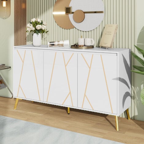 YOLEO Niedriges Sideboard mit 3 Türen + 5 Regalen, moderner Stil, Eingangsmöbel, Küchenschrank für Esszimmer, Wohnzimmer, Küche, 140 x 40 x 80 cm, Weiß