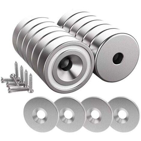 [NIEMALS VERWENDET] 12 Stück Neodym-Magnete 10 KG Stärke 20 x 7 mm mit Loch und Kapsel, Senktopfmagnet mit Schrauben und 12 Stahlkissen (Silber glänzend)