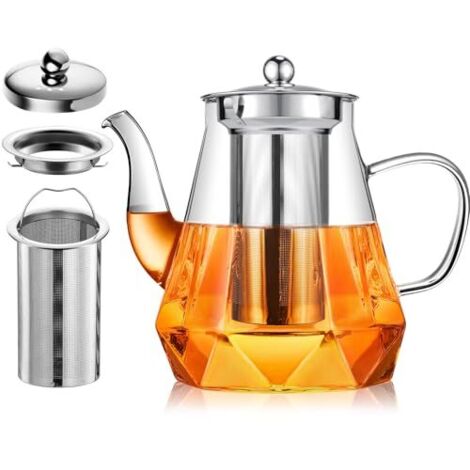 [NIEMALS VERWENDET] Teekanne mit Siebeinsatz, 1L Glas Teekanne mit Sieb, Glaskanne mit Teesieb für Losen Tee, Teeblumen, Glasteekanne Hitzebeständige, Tee Kanne Tropffrei, Teebereiter, Teekannen