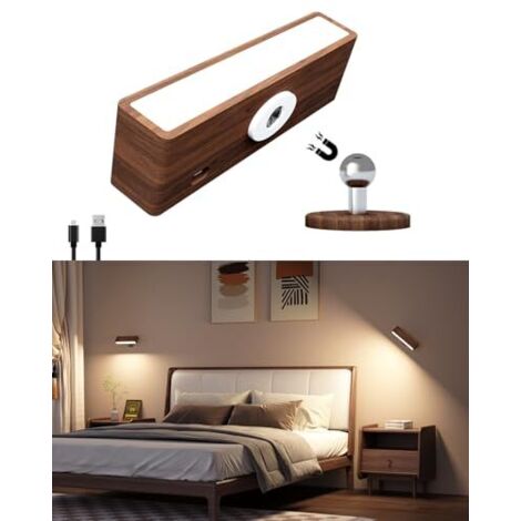 [NIEMALS VERWENDET] Wandleuchte für Schlafzimmer im Innenbereich, wiederaufladbare kabellose Wand-Nachttischlampe per USB, Helligkeitseinstellung, Touch, LED-Wandlampe aus Holz, Walnuss