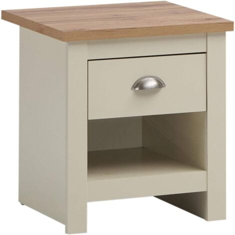 Nightstand with 1 Drawer Cream Bedside Table Oak Top
