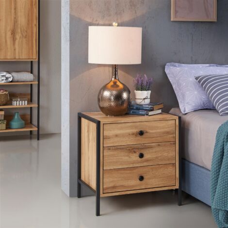 Nightstand With 3 Drawers And Shelves Metal Frame Oak Effect