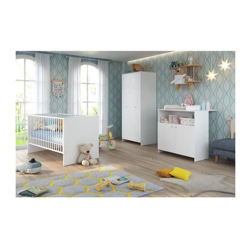 NIKO Chambre bebe complete : lit 70x140cm + commode a langer + armoire - blanc
