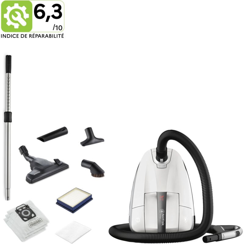 Nilfisk - Aspirateur Traineau, Avec 3 Accessoires, Sac Inclus, Filtre hepa 14, Blanc - Elite