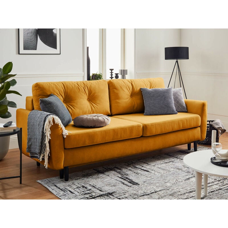 Lisa Design - Nils - canapé droit 3 places convertible - avec coffre de rangement - velours - jaune