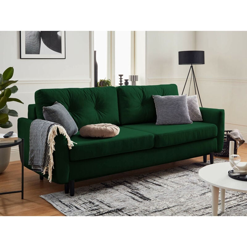 Lisa Design - Nils - canapé droit 3 places convertible - avec coffre de rangement - velours - vert