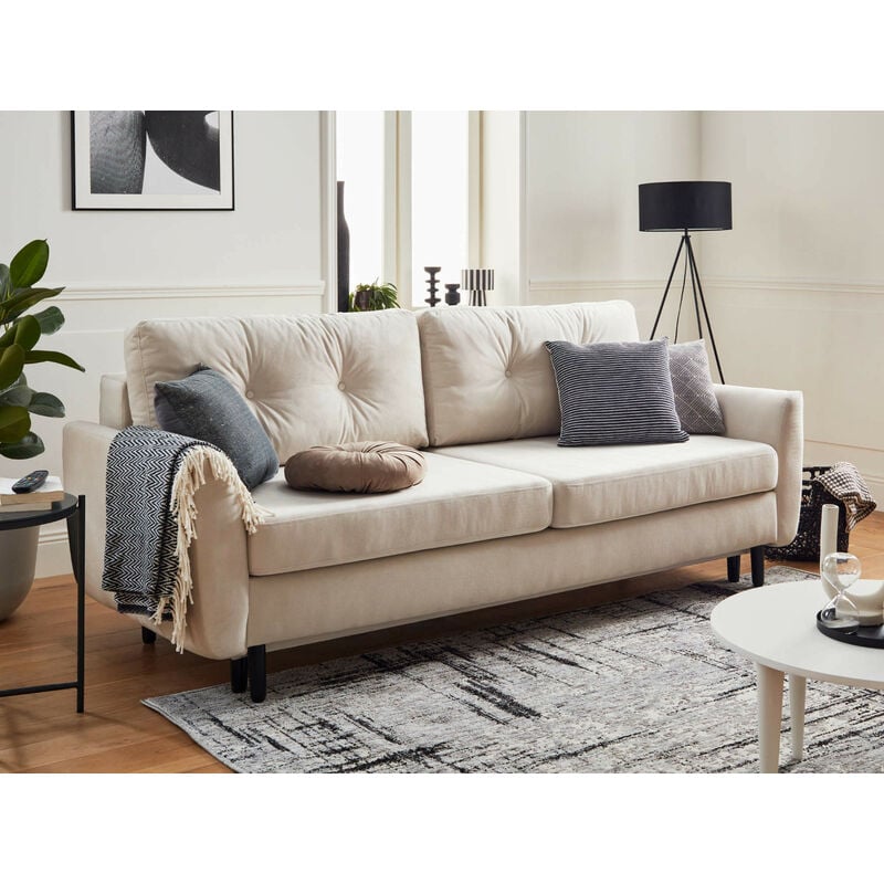 Lisa Design - Nils - canapé droit 3 places convertible - avec coffre de rangement - velours - beige