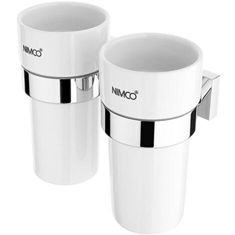 Nimco Keira - Bicchierini per spazzolino e dentifricio con supporto, ceramica bianca/cromo KE 22058DKN-26