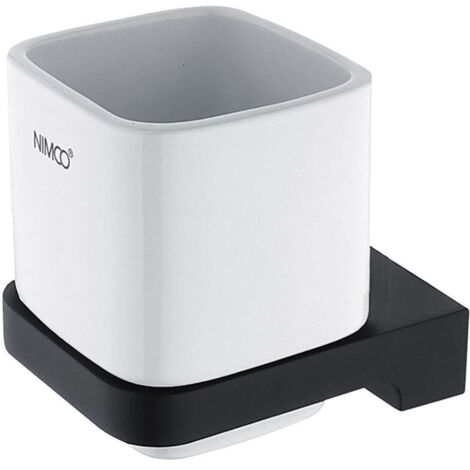 Nimco Maya - Bote de cepillo y pasta de dientes con soporte, cerámica blanca/negra mate MAC 29058K-90