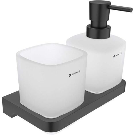 Nimco Maya - Dispensador de jabón y vaso con soporte, cristal esmerilado/negro MAC 2905831C-T-90