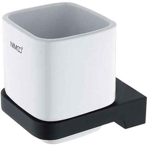 Nimco Maya - Vasetto per spazzolino e dentifricio con supporto, ceramica bianca/nero opaco MAC 29058K-90
