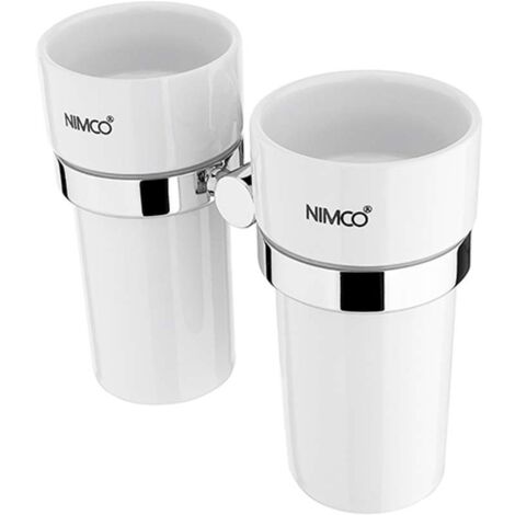 Nimco Unix - Bicchierini per spazzolino e dentifricio con supporto, ceramica bianca/cromo UN 13058DKN-26