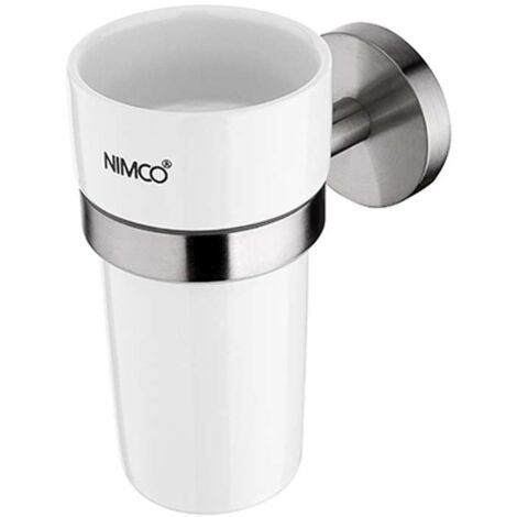 Nimco Unix - Vasetto per spazzolino e dentifricio con supporto, ceramica bianca/acciaio inox tagliato UNM 13058KN-10