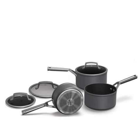 Ninja Foodi ZEROSTICK Set di Pentole, 3 Pentolini Antiaderenti, Alluminio Anodizzato Antigraffio, Coperchi in Vetro, Compatibile con Piastra a Induzione, Lavastoviglie e Forno 260°C, Grigio C33000EU