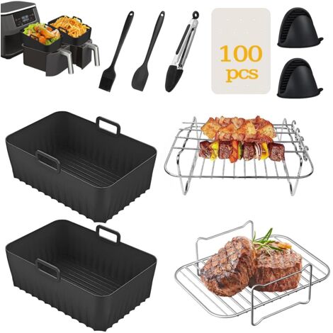 Ninja Lot de 10 accessoires pour friteuse à air comprimé avec doublure en silicone, double porte-friteuse à air, 100 pièces doublure en papier et gants en silicone pour Ninja Dual AF300UK AF400UK