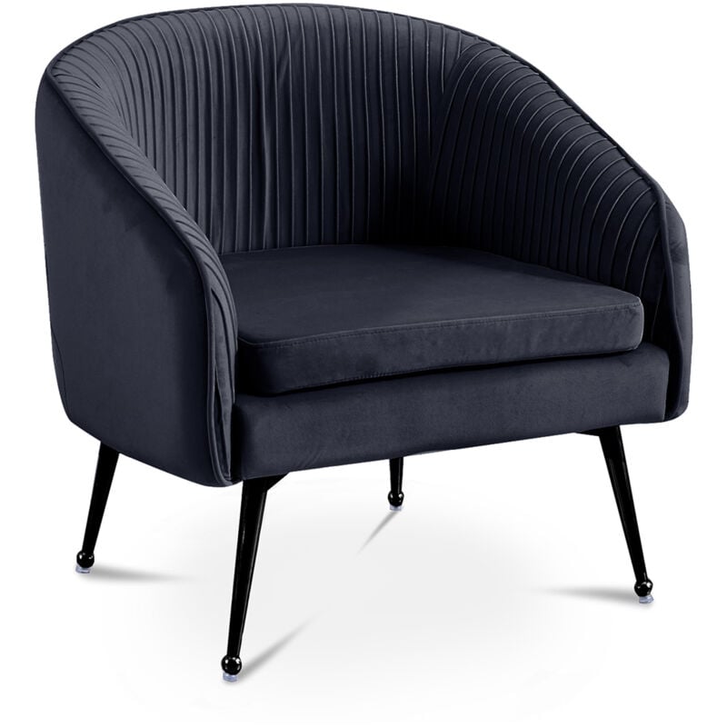 mobilier deco - ninon - fauteuil cabriolet en velours plissé noir pieds en métal noir
