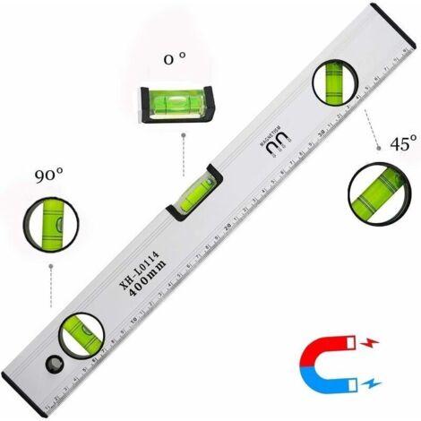 Niveau à Bulle de 40 cm. Niveau Bulle Magnétique avec 3 Fioles Haute Visibilité Corps en Aluminium. Embouts Robustes pour horizontal vertical et 45 °. Précision +/- 0.5mm - Règle Intégrée