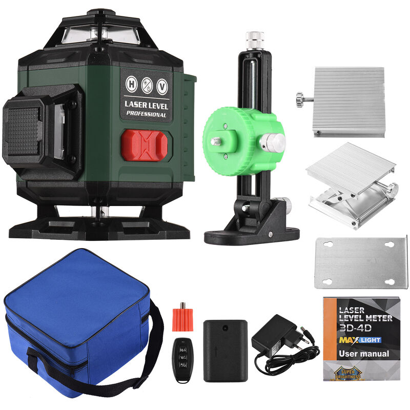Niveau laser, 4 x 360 ° 16 lignes, niveau laser 3 °, outil de nivellement automatique, ligne horizontale verticale, étanche IP54, avec sac de