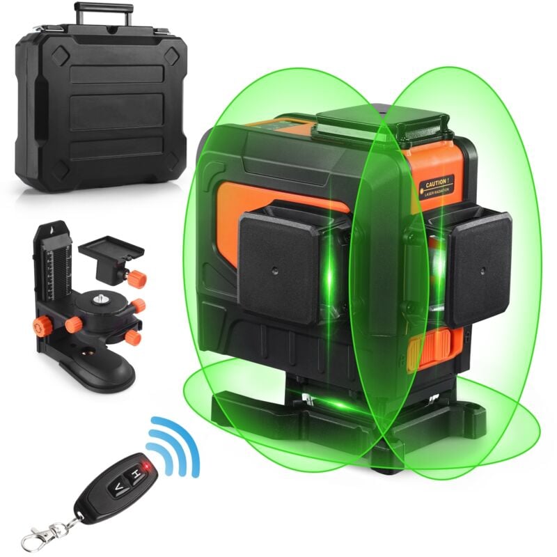 Niveau laser 3 x 360 degrés Outil laser à lignes croisées vertes à nivellement automatique avec télécommande, mode impulsion, base magnétique