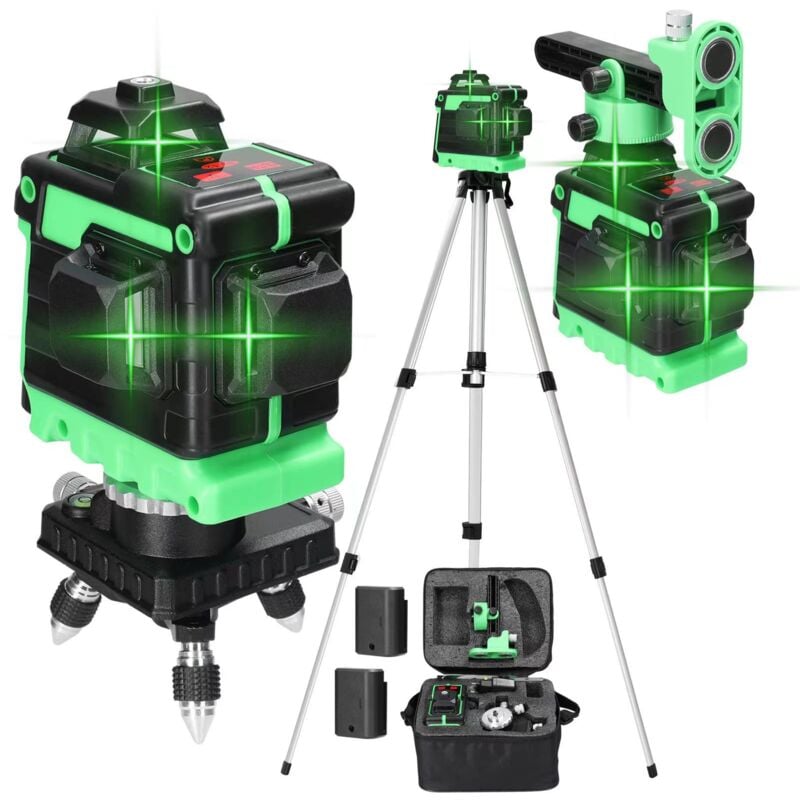 Niveau laser 360°, 4D 12 lignes, outil laser rotatif horizontal et vertical, fonction de nivellement automatique, batterie rechargeable, support de