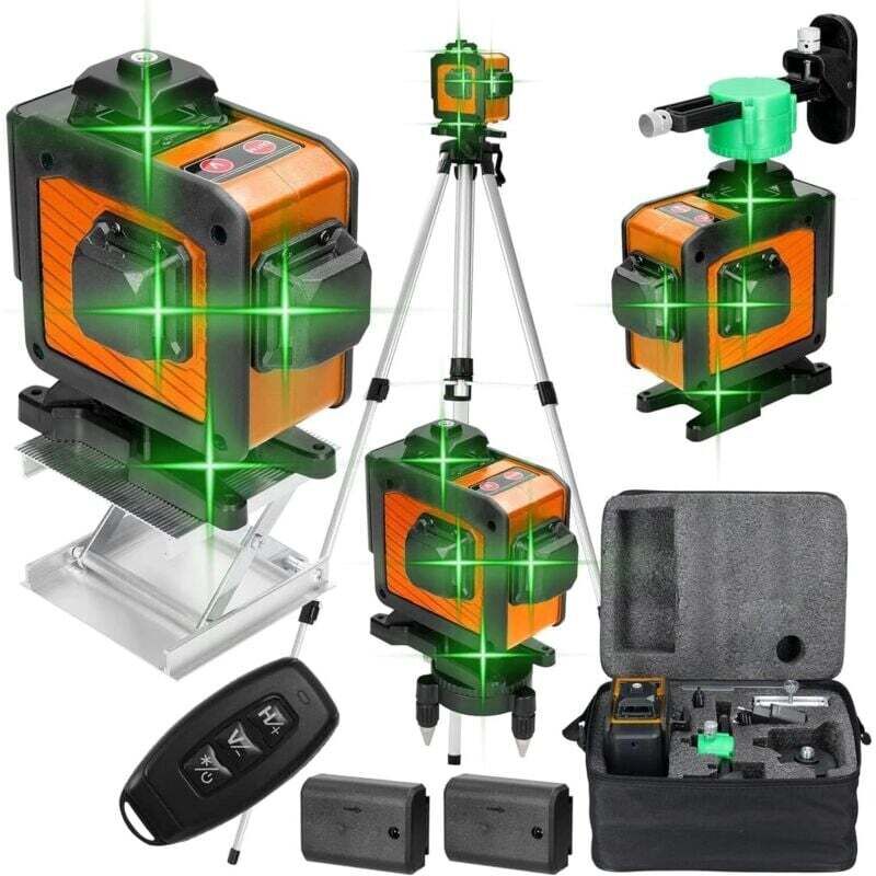 Niveau laser 360° 4D 16 lignes, Laser Chantier avec 2 piles, autonivelant 3°, table élévatrice + plaque de fer + support mural, télécommande