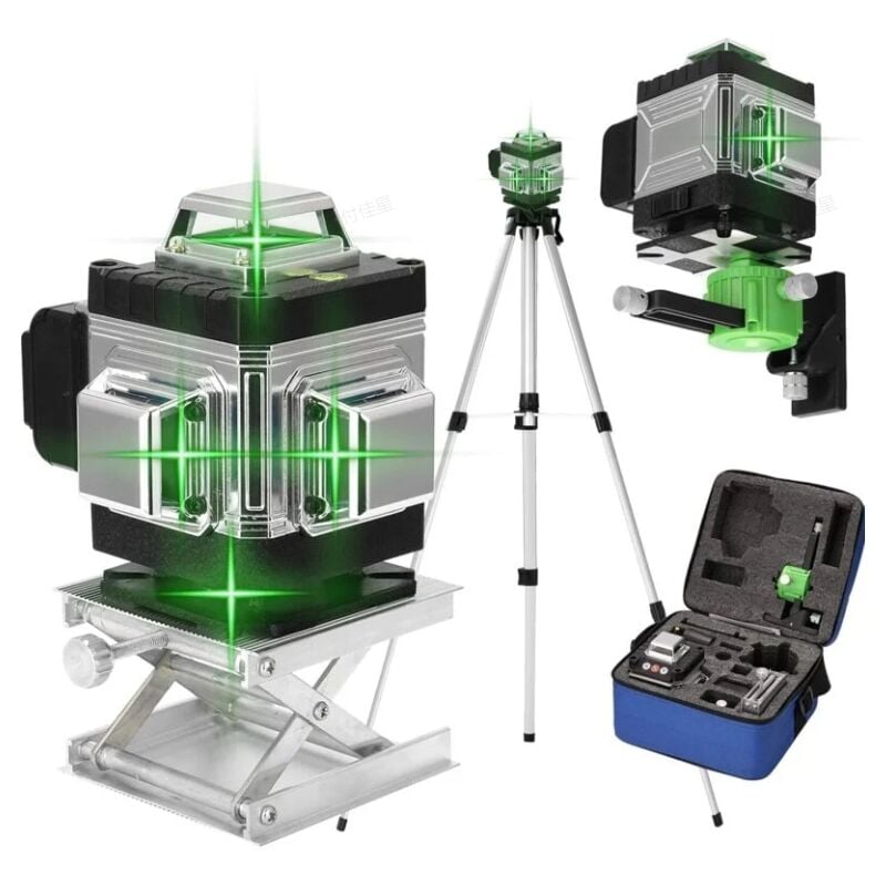 Niveau laser 360°, 4D 16 Lignes Niveau Laser 3° Autonivelant avec Batterie, Plate-forme de levage, Trépied et télécommande