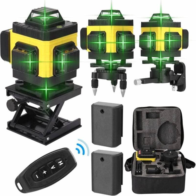Niveau laser 360° 4D 16 lignes,Niveau laser vert auto-nivelant avec 2x1200 mAh lithium rechargeables,chargeur,socle, plateforme élévatrice,plaque de