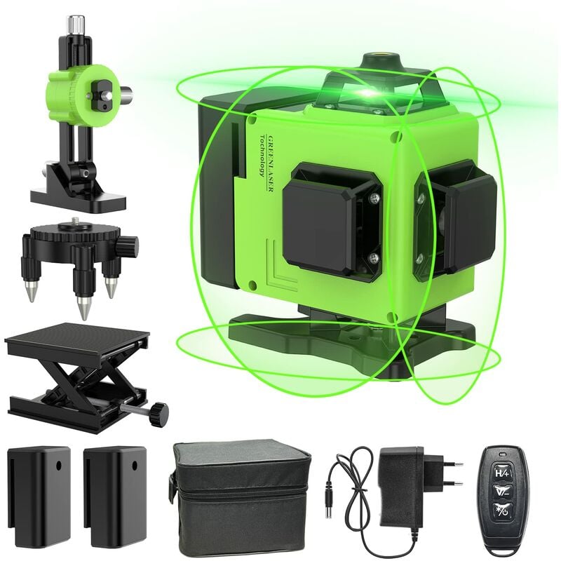 Niveau laser 360° x 4, niveau laser vert 3D auto-nivelant vertical et horizontal pour chantiers de construction, IP54, avec sac de protection et 2