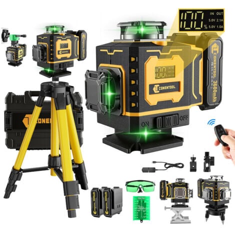 Niveau Laser 4 x 360° Avec Trépied CONENTOOL - 16 Line Ligne Laser Verte Horizontal et Verticale - Avec télécommande et base - 2 batterie 3600mAh