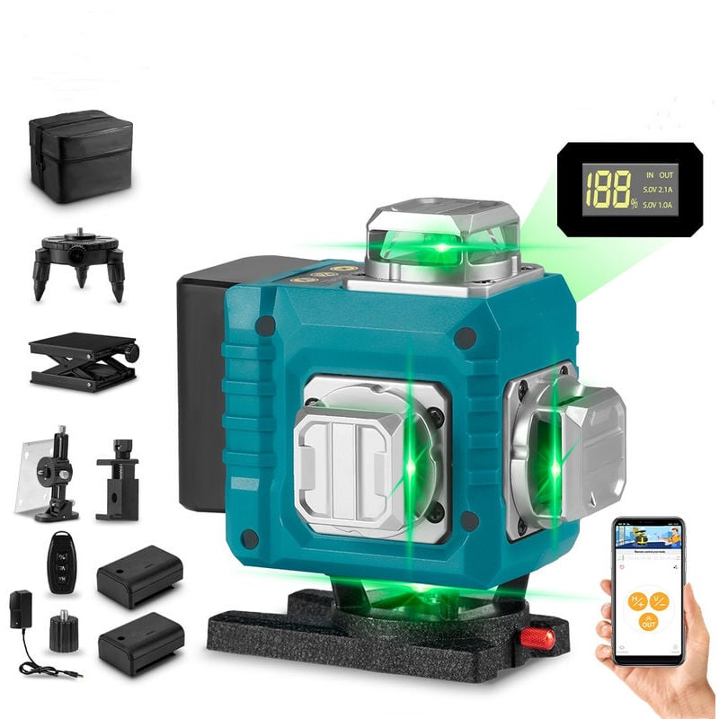 Niveau Laser Autonivelant Vert 4 x 360°,IP54 ,Portée de travail 25 m ,avec deux batteries rechargeables , Support Rotatif et Télécommande - LK-808