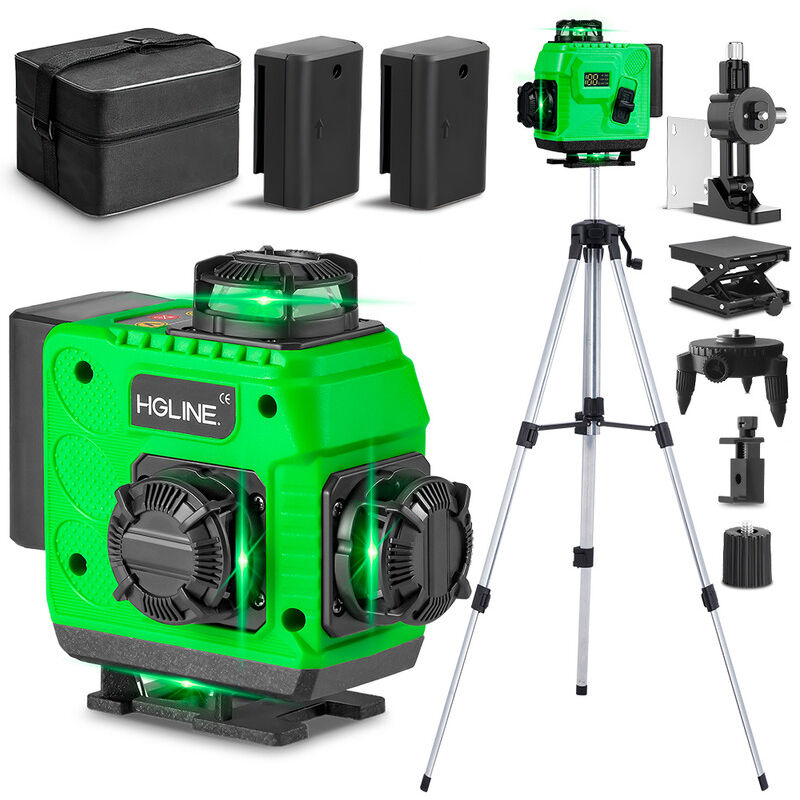 Niveau laser vert 4 x 360°, IP54, portée de travail 25 m, niveau laser autonivelant avec télécommande et trépied 150 cm - LK-802