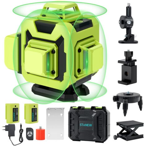 4 x 360°STANEW, Autonivelant Niveau Laser Vert 4D, 16 Line Ligne Laser Verte Horizontal et Verticale, Avec Télécommande Intégrée Batterie Rechargeable 2 x 2400 mAh