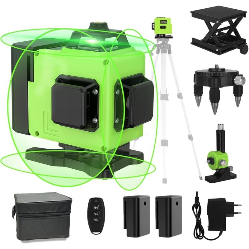 Niveau Laser, 4×360° Laser Chantier Niveau Laser 360 Autonivelant Ip54, Ligne Verte 16 Avec Sac De Protection,2 X Batterie