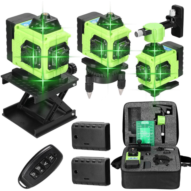 Niveau laser, 4D 16 lignes, 3°, Outil de nivellement avec fonction d'auto-nivellement et batterie rechargeable, 2 x 2400 mAh, support mural,