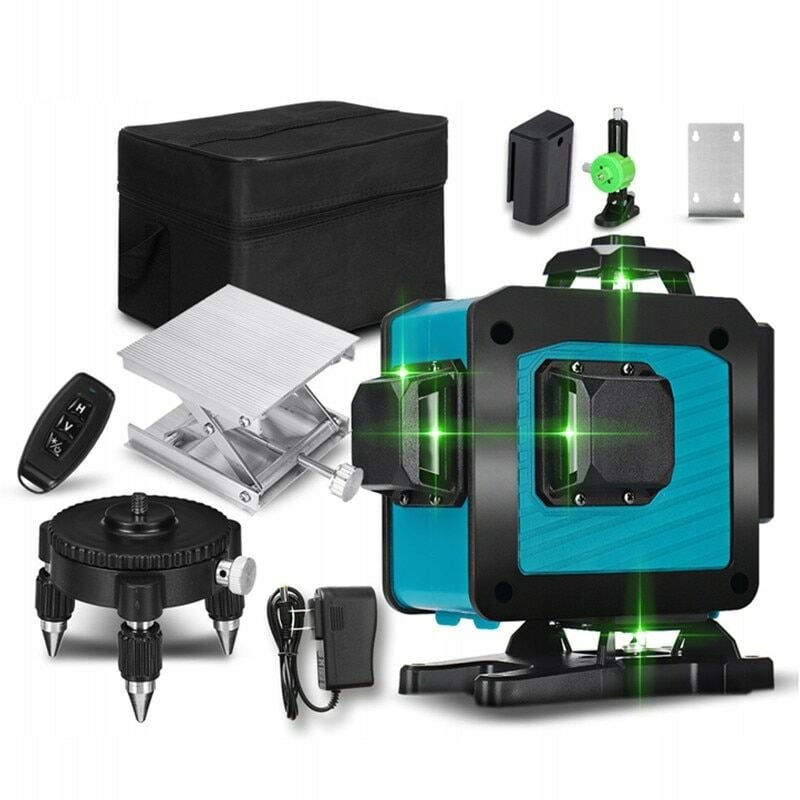 Niveau laser 4D, 16 lignes, 360°, lumière verte, télécommande, noir/bleu