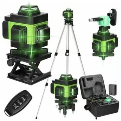 Niveau laser 4D, 16 lignes, réglable 3 hauteurs, avec batteries rechargeables et rallonge 1,2m - Vert