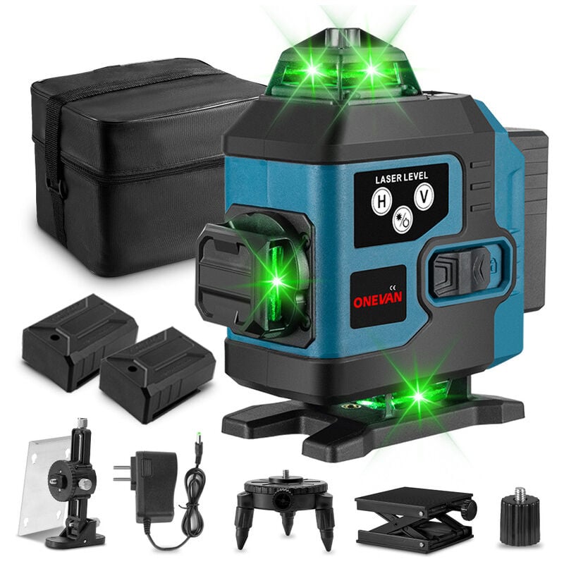 Niveau laser vert 4x360°,16 Lignes Laser Auto-Nivelant Croisée Outil,Portée de travail 25 m,avec télécommande, deux piles et chargeur