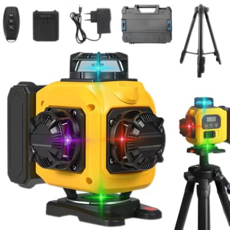 Niveau laser 4D à 16 lignes, faisceau 4 couleurs, rotation à 360°, avec télécommande, adapté à la construction et à l'accrochage de tableaux, IP54.