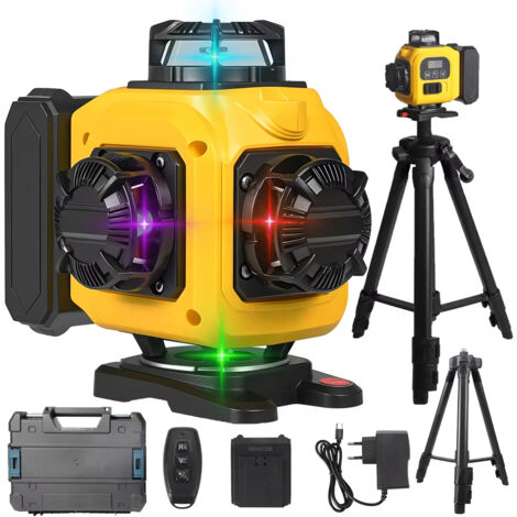 Niveau laser 4D à 16 lignes, faisceau quadricolore, champ de vision horizontal et vertical à 360°, haute puissance, avec affichage puissance