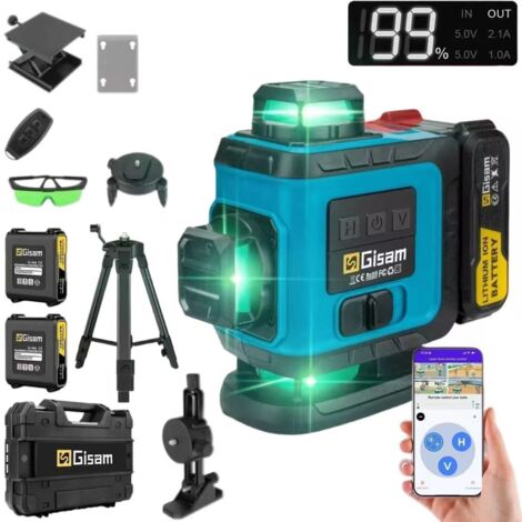 Niveau laser à 16 lignes vertes avec trépied, outil de mesure professionnel à 360°, niveau 4D et laser vertical, comprend 2 piles.
