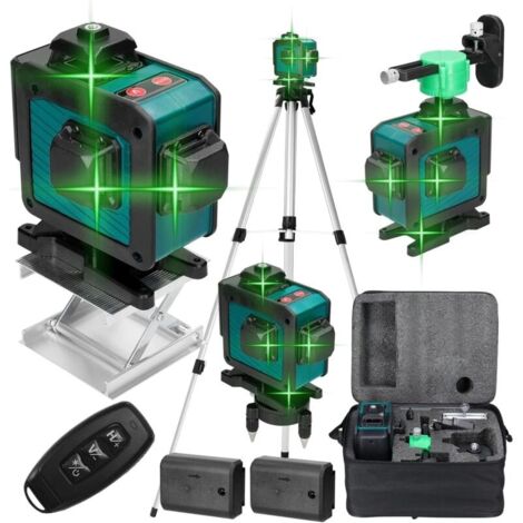 Niveau laser autonivelant 360° x 4 – 16 lignes laser vertes 520 nm – Autonivellement et mode pulsé extérieur – 2 batteries rechargeables 2400 mAh – Support rotatif