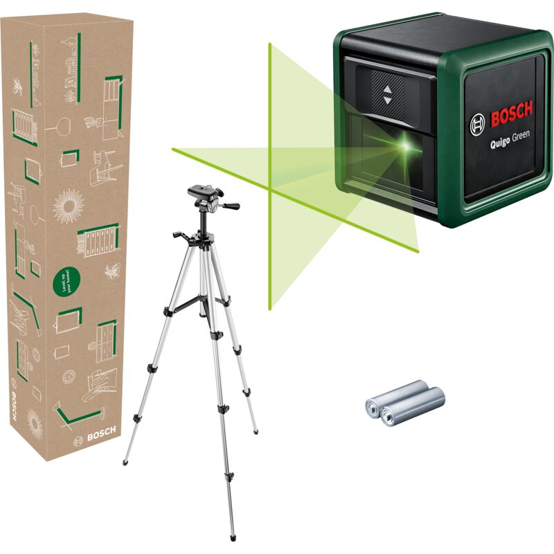 Bosch - Laser lignes croisées Quigo Green avec trépied (laser vert pour une meilleure visibilité, boîtier en plastique recyclé, dans une boîte e-commerce)