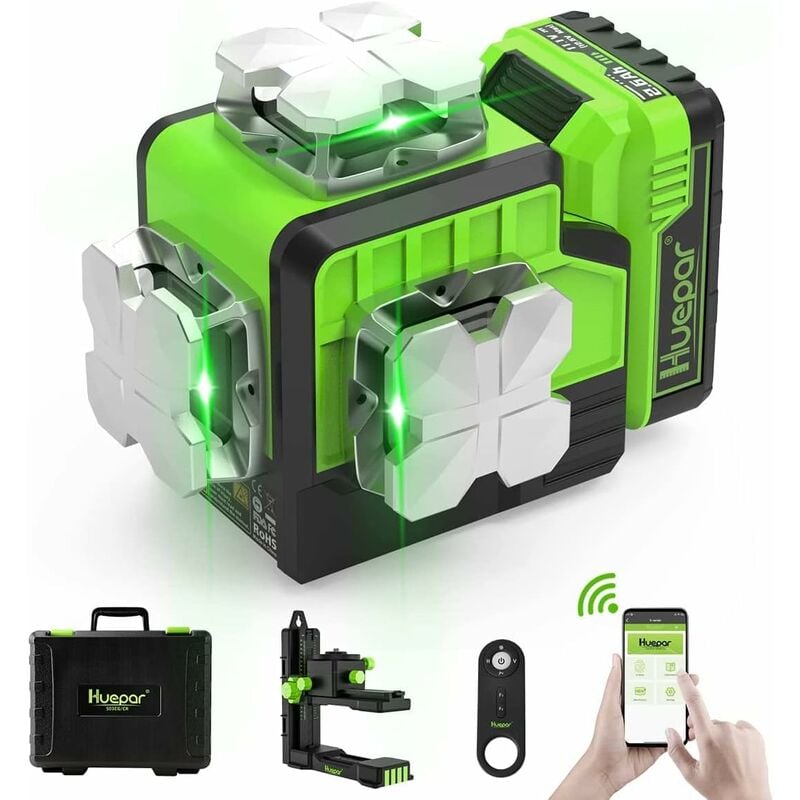 Niveau Laser Huepar 360 Vert Bluetooth Auto-nivelant Niveau Laser 3D Outil Croix Laser 12 Lignes avec Mode D'impulsion, Télécommande, Batterie Li-ion