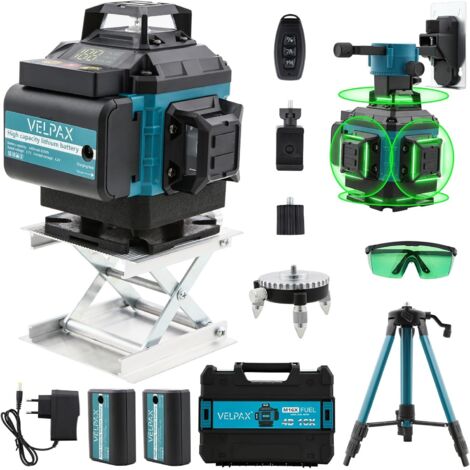 Niveau Laser, Niveau Laser 4D 16 Lignes avec Trepied, 360° Horizontal/Vertical Autonivelant, Lignes Laser Chantier avec 2×2400mAh Batterie & Affichage LED, IP54 Étanche et Anti-Poussière​