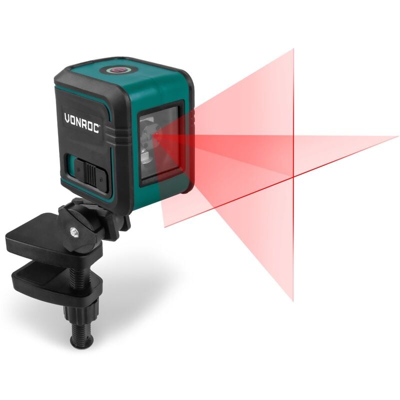 Niveau Laser. Portée de 10 mètres - Ligne rouge - Autonivelant - Support de montage, sac de rangement et piles inclus - Vonroc