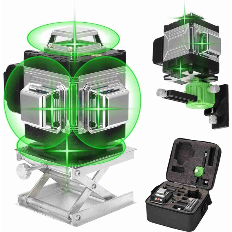 Niveau Laser vert 4D 16 lignes,Niveau laser auto-nivelant à 360°,Batterie au lithium rechargeable 2x2400mAh,IP54 étanche à l'eau et à la
