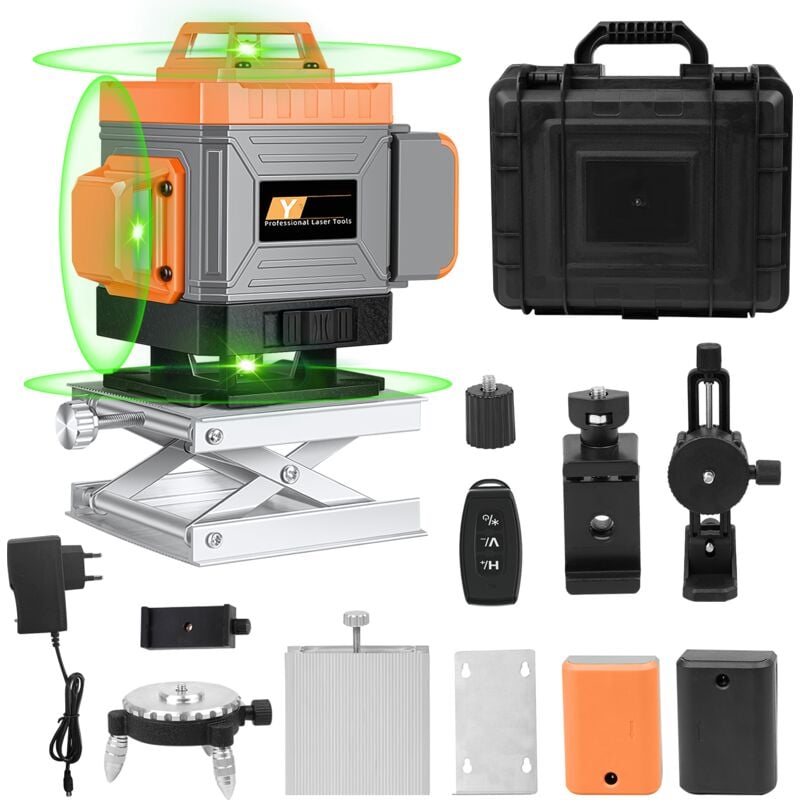 Niveau Laser Vert 4x360° Ultrixe 16 lignes 4D Laser Chantier Auto-nivelant avec Télécommande, 2 x Batteries rechargeables 2400 mAh, Supports, trépied